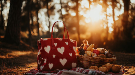 A picturesque scene featuring a heart-patterned bag beside a basket filled with fresh produce on a cozy picnic blanket during sunset, evoking warmth and togetherness.の素材