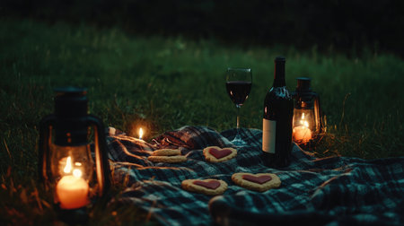A romantic outdoor picnic scene featuring wine, heart-shaped cookies, and lanterns. The cozy blanket on grass creates an intimate atmosphere perfect for evenings spent with loved ones.の素材