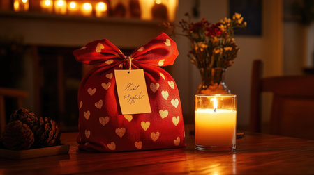 A beautifully wrapped red gift sits beside a flickering candle, creating a warm and romantic ambiance. Soft lighting and floral accents enhance the intimate setting.の素材