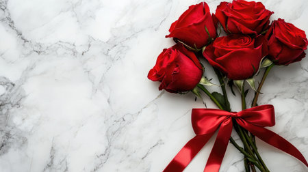 A stunning bouquet of red roses tied with a red ribbon, set against a sleek marble background. Perfect for romantic occasions, celebrations, and special gifts.の素材