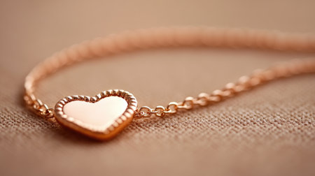 A beautiful rose gold heart bracelet rests gently on a soft fabric background, showcasing its delicate design and elegant charm, perfect for expressing love.の素材