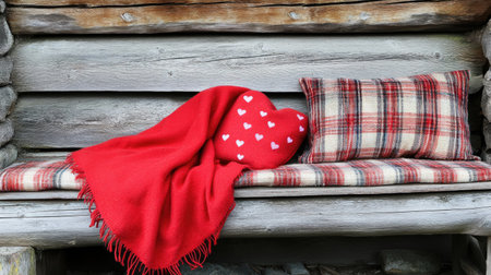 A cozy scene featuring a vibrant red blanket draped over a wooden bench with a heart-shaped pillow. This rustic setup embodies warmth and comfort in a charming outdoor setting.の素材