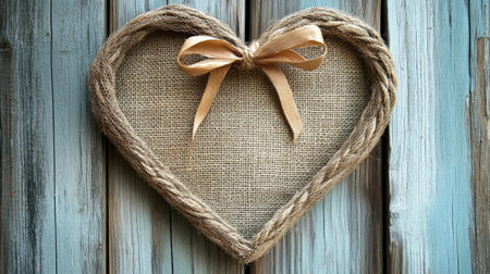 A charming rustic heart shaped decor made of burlap and twine, beautifully adorned with a bow. Perfect for adding a touch of warmth to any space.の素材