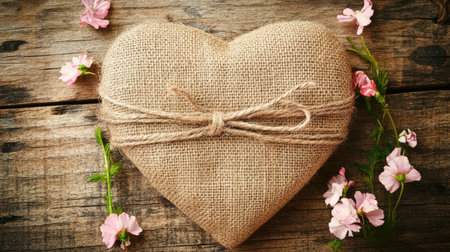A charming burlap heart decoration surrounded by delicate pink flowers on a rustic wooden surface. Perfect for showcasing love and warmth in decor.の素材