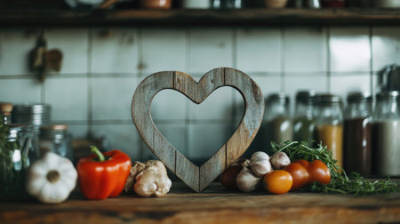 A rustic wooden heart frame stands amidst fresh vegetables in a cozy kitchen, conveying warmth and love for cooking. Ideal for culinary-themed projects.の素材