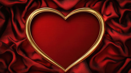 This image features a stunning gold heart frame set against rich red silk fabric, creating an elegant and romantic atmosphere perfect for love-themed projects.の素材