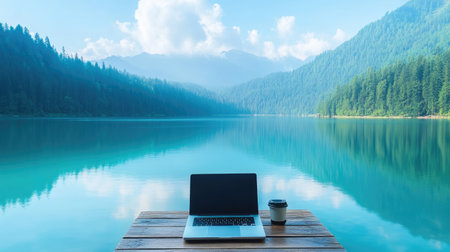 A serene outdoor workspace featuring a laptop and coffee cup by a tranquil lake. Surrounded by mountains and lush forests, this setting inspires creativity and relaxation.の素材