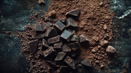 An artistic arrangement of broken dark chocolate pieces and cocoa powder on a rustic wooden table, highlighting textures and rich colors for a culinary backdrop.の素材