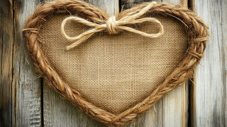 A rustic heart decoration crafted from woven rope and burlap placed against a weathered wooden backdrop, ideal for conveying warmth and affection.の素材