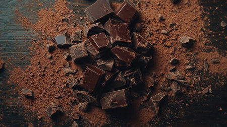 A delightful arrangement of dark chocolate chunks scattered on cocoa powder, showcasing rich textures and earthy tones on a wooden surface, ideal for culinary inspiration.の素材