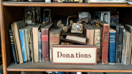 A beautiful wooden bookshelf filled with vintage books and a sign indicating donations, symbolizing community support and cherished stories waiting to be shared.の素材