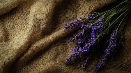 A stunning display of fresh lavender flowers arranged artistically on a rustic jute fabric. The vibrant purple hues and gentle textures create a calming and inviting atmosphere, perfect for home decor.の素材