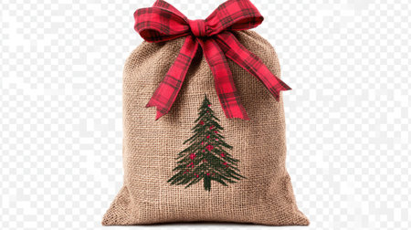 A cozy rustic burlap Christmas gift bag featuring a tree design and a festive red plaid bow. Perfect for holiday gifting and seasonal decorations.の素材