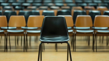 A single black chair stands out in a sea of brown chairs within a spacious classroom. This image captures themes of isolation and minimalism, perfect for educational or design contexts.の素材