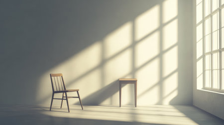 A serene and minimalist interior featuring a single wooden chair and table, bathed in natural light that casts intriguing shadows across the wall.の素材