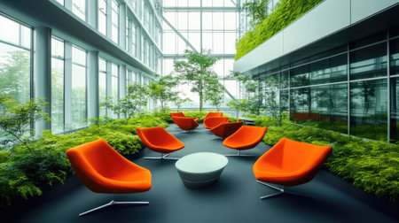 This captivating indoor garden space features modern orange chairs surrounded by lush greenery, offering a vibrant atmosphere for relaxation and creativity.の素材
