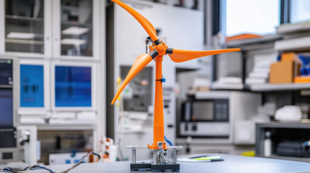 This image features a model wind turbine with orange blades placed in a laboratory environment, highlighting advancements in renewable energy technology and engineering.の素材