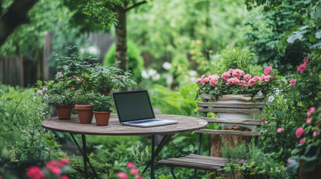 A tranquil garden setting featuring a laptop on a wooden table surrounded by vibrant flower pots. Perfect for remote work, this vibrant space encourages creativity and relaxation in nature.の素材