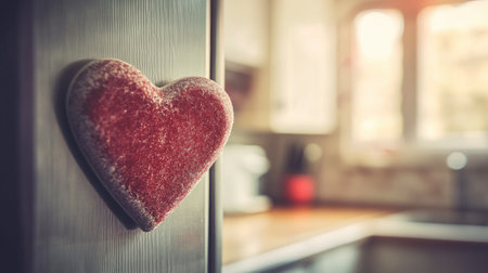 A vibrant red heart-shaped magnet clings to a refrigerator door in a modern kitchen, evoking feelings of love and warmth in a cozy home setting.の素材