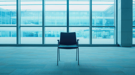 An empty chair stands alone in a modern indoor space, bathed in soft light through large windows. This image evokes serenity and minimalism, perfect for various contexts.の素材