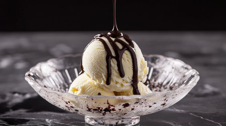 A delectable bowl of creamy vanilla ice cream topped with rich chocolate sauce, set against a dark, marbled background, perfect for dessert lovers.の素材