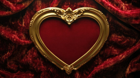 This elegant heart-shaped frame showcases intricate gold detailing on a rich velvet background, perfect for romantic decor or artistic displays.の素材