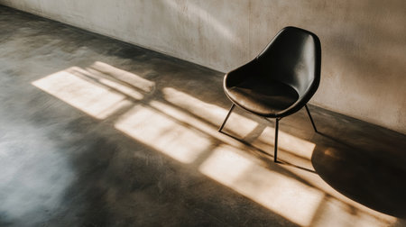 A stylish black minimalist chair sits gracefully in a sunlit modern interior. Soft shadows play on the floor, creating a serene and inviting atmosphere.の素材