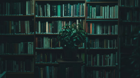 A tranquil library interior featuring tall bookshelves filled with books, complemented by a leafy plant in soft lighting, ideal for study and relaxation.の素材