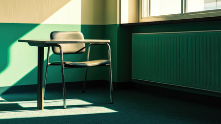 An inviting classroom scene with a single desk and chair casting soft shadows. The sunlight filters through the window, creating a serene and minimalist atmosphere perfect for studying or reflection.の素材
