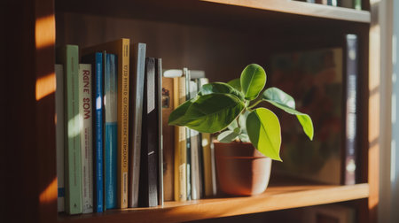 A serene bookshelf featuring a lush green plant, bathed in warm sunlight. The arrangement creates a peaceful reading nook, ideal for study and relaxation.の素材