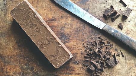 A rustic image featuring a dark chocolate bar and a knife on a wooden cutting board. The melted texture and artisanal look enhance a cozy kitchen atmosphere.の素材