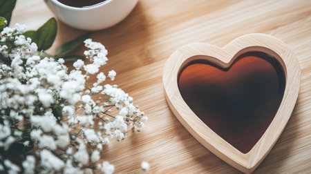 A heart-shaped wooden tray holds tea beside delicate white flowers, creating a serene and cozy atmosphere for relaxation and enjoyment in a natural setting.の素材