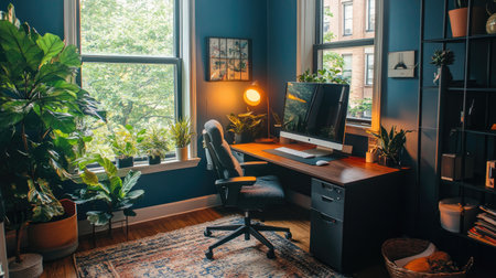 A welcoming home office featuring a modern desk and comfortable chair, surrounded by lush green plants. Natural light enhances the tranquil atmosphere.の素材