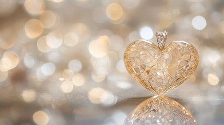 A beautiful heart-shaped crystal pendant rests on a reflective surface, surrounded by shimmering bokeh lights. This image captures elegance and romance.の素材