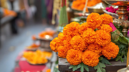 A stunning display of vibrant orange marigold flowers arranged for a festive celebration. The bright floral elements evoke a sense of joy and tradition, ideal for cultural events.の素材