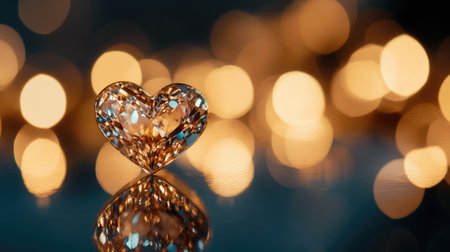 A stunning crystal heart shines brilliantly against a warm bokeh background. The soft reflections and warm glow create an enchanting atmosphere perfect for romantic themes.の素材