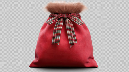 This festive red bag features a luxurious fur trim and a classic plaid ribbon, perfect for holiday decorations and gift-giving. Add charm to any celebration!の素材
