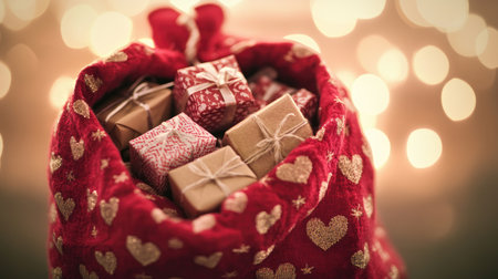 A vibrant red bag filled with beautifully wrapped gifts is showcased against a soft, glowing background of holiday lights, evoking warmth and festive joy.の素材