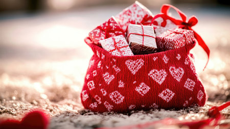 A vibrant red bag filled with beautifully wrapped gifts, perfect for festive celebrations. The heart pattern adds a touch of warmth and joy to the scene.の素材
