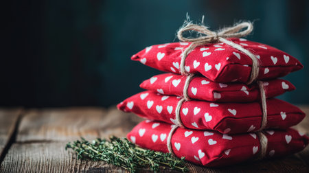 This image features beautifully wrapped red fabric gift bags with charming white hearts, elegantly tied with twine. Perfect for festive occasions!の素材