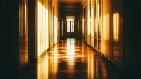 A serene corridor illuminated by golden hour light, showcasing warm reflections and architectural details, creating a tranquil atmosphere in an abandoned space.の素材