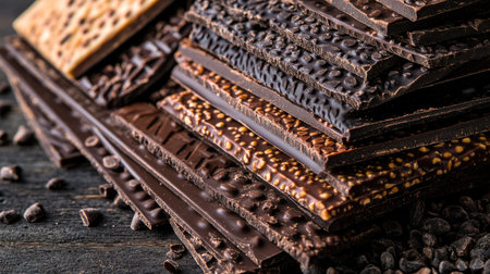 A beautiful arrangement of various dark chocolate bars with unique textures and patterns, highlighting rich cocoa colors and surrounded by cocoa beans, perfect for food enthusiasts.の素材