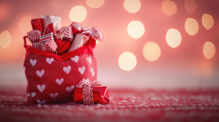 A cozy red gift bag filled with assorted treats sits against a soft bokeh background. This festive image evokes feelings of warmth and joy during the holiday season.の素材