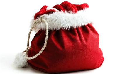 A vibrant red Santa bag with a fluffy white trim, perfect for holding gifts during the festive holiday season. Ideal for decorations and themed events.の素材