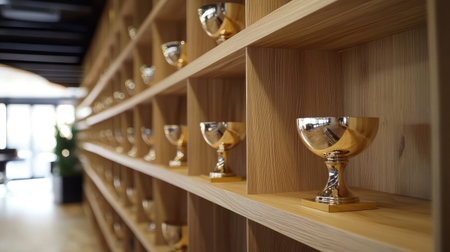 A stunning display of golden trophies arranged neatly on wooden shelves, showcasing elegance and achievement in a contemporary interior design. Ideal for motivational themes.の素材
