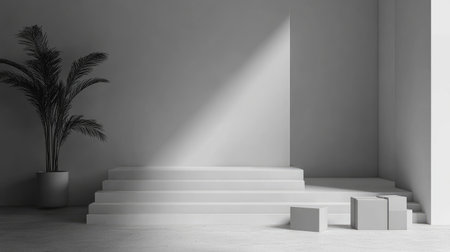 A serene minimalist interior featuring steps, a potted plant, and soft lighting. The interplay of light and shadow creates a calming ambiance ideal for modern design.の素材