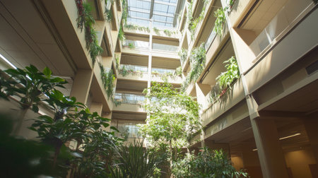 A spacious indoor atrium filled with lush greenery, showcasing thriving plants and abundant natural light. This serene environment promotes wellness and relaxation.の素材
