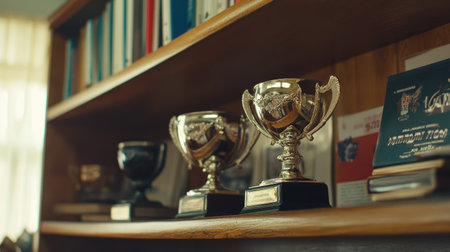 A charming scene featuring vintage trophies displayed on a wooden shelf. The trophies vary in design and symbolize achievement and success in a cozy office setting.の素材