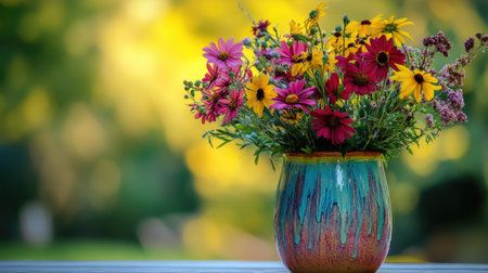 A stunning floral arrangement features vibrant flowers in a colorful pot, set against a soft, blurred natural backdrop. Perfect for showcasing beauty and nature.の素材