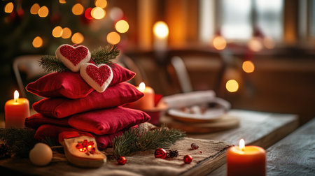A cozy Christmas scene featuring red pillows stacked with heart decorations, warm candles glowing softly, and festive ambiance creating a serene holiday atmosphere.の素材